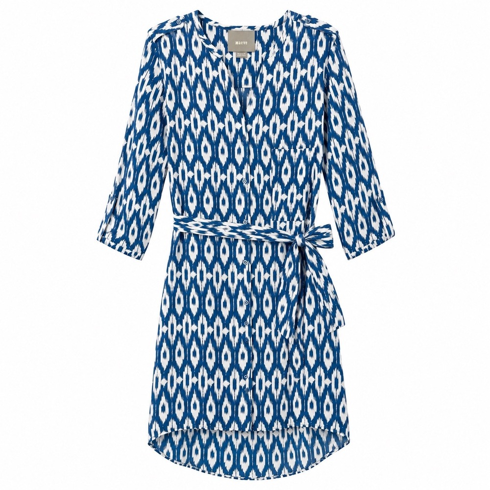 Maeve Anthropologie Dress Size Medium Blue White‎ Ikat Tie Waist Mini